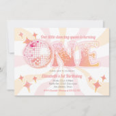 ピンクグルーヴィディスコ踊りクイーンファースト誕生日 招待状 (正面)