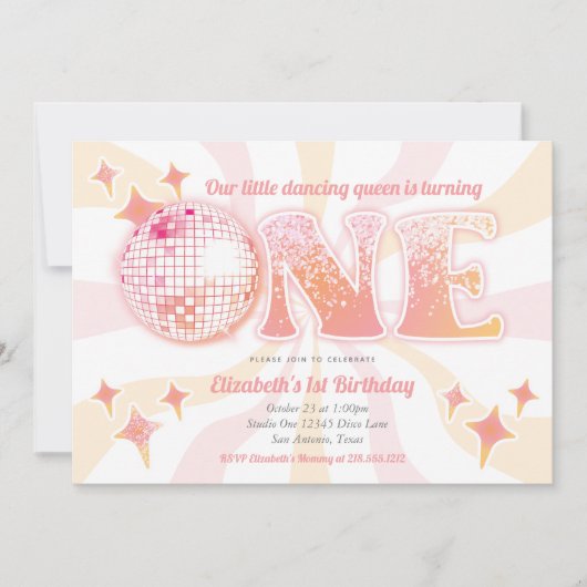 ピンクグルーヴィディスコ踊りクイーンファースト誕生日 招待状 (正面)