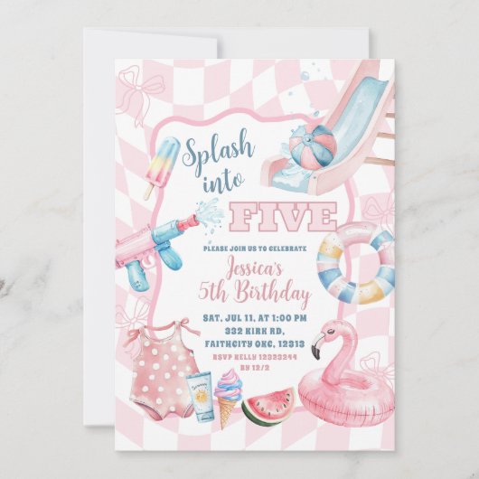 ピンクグルーヴィパステルプールサマーパーティーガールバースデー 招待状 (正面)