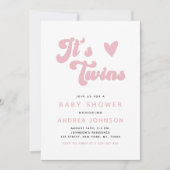 ピンクグルーヴィレトロガールツインミニマルベビーシャワー 招待状 (正面)