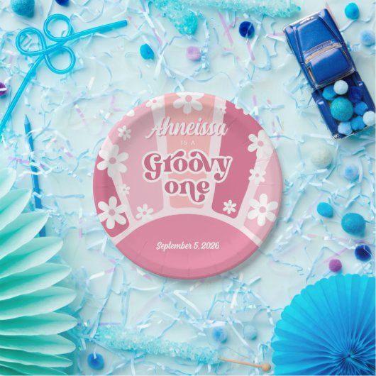 ピンクグルーヴィワンレトロレインボーデイジーファースト誕生日 ペーパープレート (パーティー)