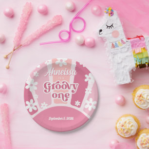 ピンクグルーヴィワンレトロレインボーデイジーファースト誕生日 ペーパープレート