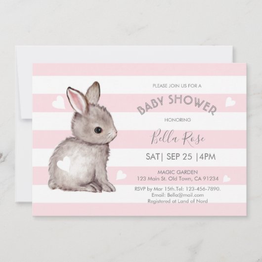 ピンクグレイストライプハートバニー招待状 招待状 (正面)