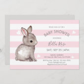 ピンクグレイストライプハートバニー招待状 招待状 (正面/裏面)