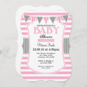 ピンクグレイストライプ招待状ベビーシャワー 招待状 (正面/裏面)
