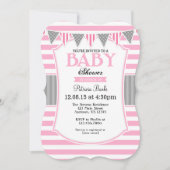 ピンクグレイストライプ招待状ベビーシャワー 招待状 (正面)