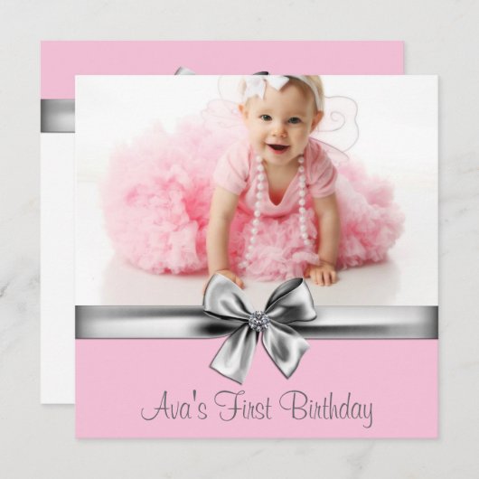 ピンクグレイ女子フォトバースデーパーティー 招待状 (正面/裏面)