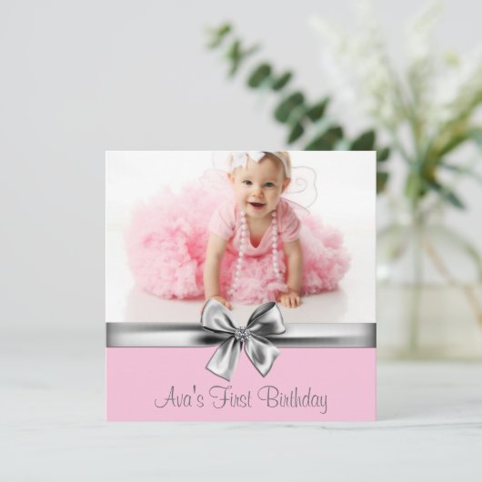 ピンクグレイ女子フォトバースデーパーティー 招待状 (スタンド正面)