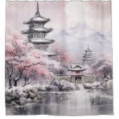 ピンクグレイ日本の桜花ズパゴダ シャワーカーテン (正面)