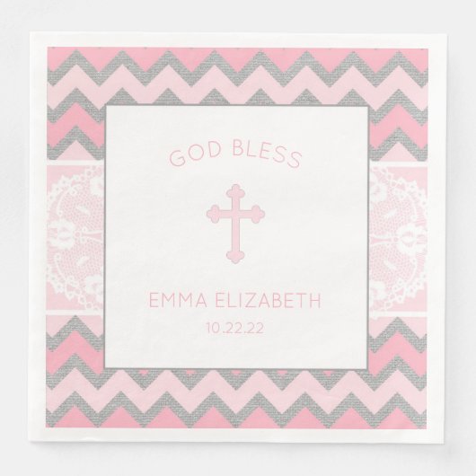 ピンクグレイ素朴ガールバプテスマ《キリスト教》洗礼式や命名式ナプキン (正面)
