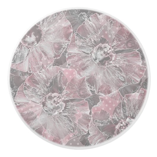 ピンクグレーおしゃれな大きな花 セラミックノブ (正面)