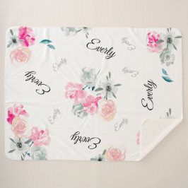 ピンクグレーのフローラ水彩の女の子の名前 シェルパブランケット