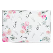 ピンクグレーのフローラ水彩の女の子の名前 枕カバー (裏面)