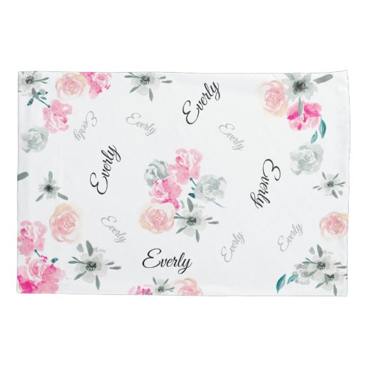 ピンクグレーのフローラ水彩の女の子の名前 枕カバー (裏面)