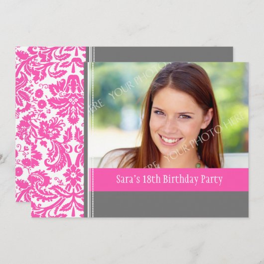 ピンクグレーの写真で18歳の誕生日パーティーの招待 招待状 (正面/裏面)