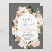 ピンクグレーの春フローラ水彩ベビーシャワー 招待状 (正面/裏面)