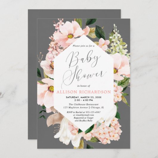 ピンクグレーの春フローラ水彩ベビーシャワー 招待状 (正面/裏面)