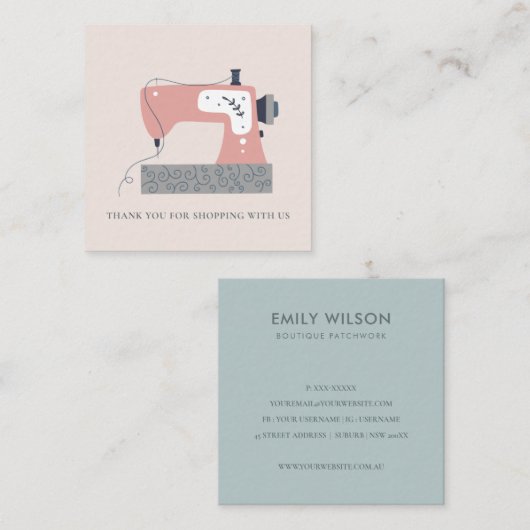 ピンクグレーの桃の裁縫機ありがとうショッピング スクエア名刺 (正面/裏面)