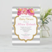 ピンクグレーの白ストライプいベビーシャワーの招待 招待状 (スタンド正面)