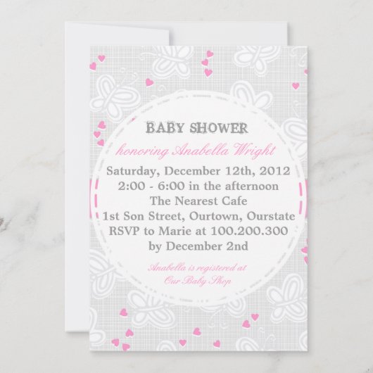 ピンクグレーの蝶の赤ちゃんシャワーの招待状 招待状 (裏面)