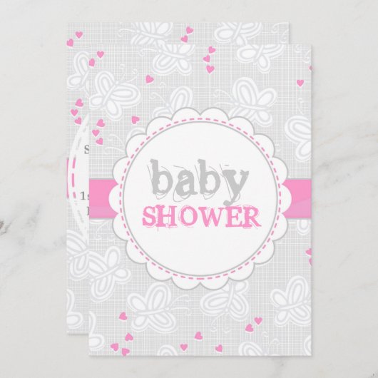 ピンクグレーの蝶の赤ちゃんシャワーの招待状 招待状 (正面/裏面)
