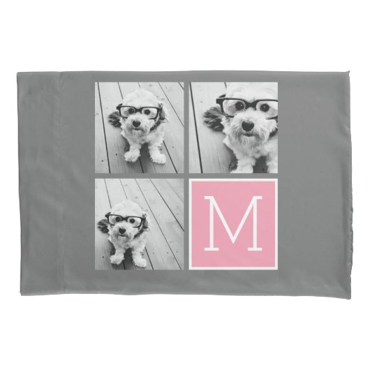 ピンクグレーインスタグラム写真コラージュカスタムモノグラム 枕カバー (正面)