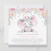 ピンクグレーエレファントダイヤモンドフローラベビーシャワー 招待状 (正面)