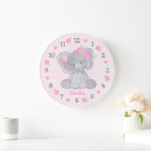 ピンクグレーエレファントフラワーズネームガール子供部屋 ラージ壁時計 (ホーム)