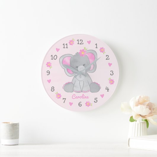 ピンクグレーエレファントフラワーズネームガール子供部屋 ラージ壁時計 (ホーム)