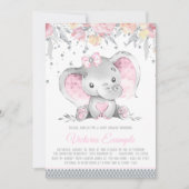 ピンクグレーエレファントフローラダイヤモンドガールベビーシャワー 招待状 (正面)