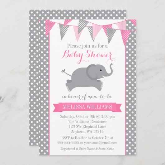 ピンクグレーエレファント水玉模様バンティングベビーシャワー 招待状 (正面/裏面)