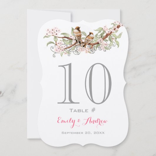 ピンクグレーグリーン愛結婚鳥のテーブル番号 招待状 (正面)