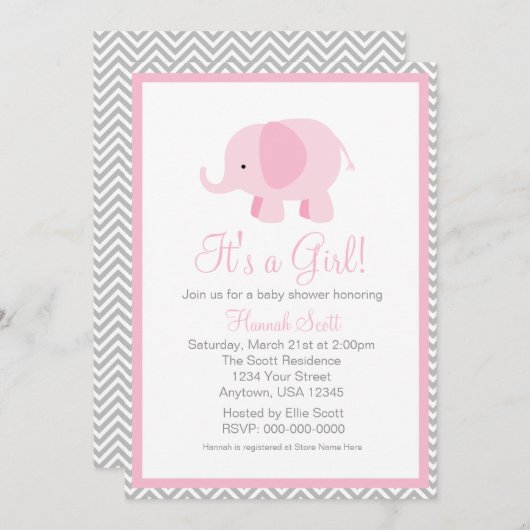ピンクグレーシェブロンエレファントガールベビーシャワー招待状 招待状 (正面/裏面)
