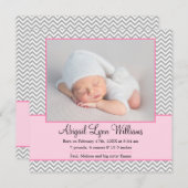 ピンクグレーシェブロン少女の写真の誕生のお知らせ 案内状 (正面/裏面)