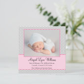 ピンクグレーシェブロン少女の写真の誕生のお知らせ 案内状 (スタンド正面)