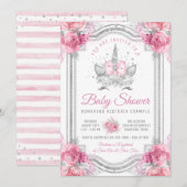 ピンクグレーシルバーダイヤモンドユニコーン赤ちゃんシャワー 招待状 (正面/裏面)