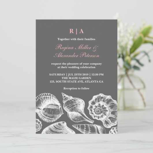 ピンクグレーシーシェルビーチ結婚式招待状 招待状 (スタンド正面)