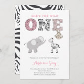 ピンクグレージャングルサファリファースト誕生日for Girl 招待状 (正面/裏面)