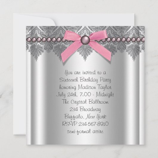 ピンクグレースウィート16誕生日パーティー 招待状 (裏面)