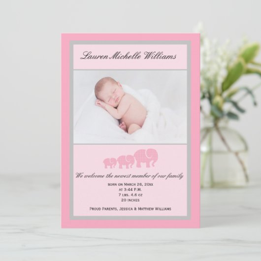 ピンクグレーゾウ赤ちゃんガールフォト誕生 案内状 (スタンド正面)