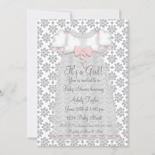 ピンクグレーダマスク赤ちゃん女の子シャワー 招待状 (正面)