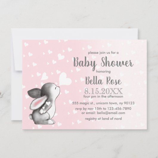 ピンクグレーハートバニーガールベビーシャワー招待状 招待状 (正面)