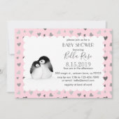 ピンクグレーハートペンギンベビーシャワー招待状 招待状 (正面)