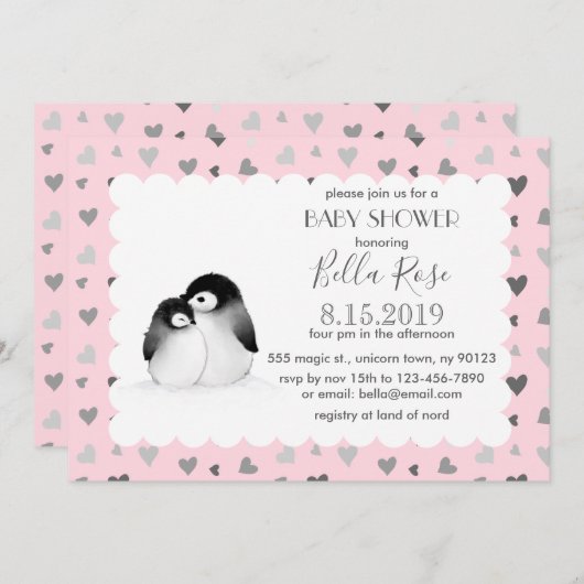 ピンクグレーハートペンギンベビーシャワー招待状 招待状 (正面/裏面)