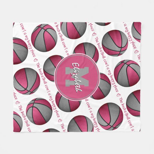 ピンクグレーバスケットボールのコートは私の幸せな場所である フリースブランケット (正面(横))