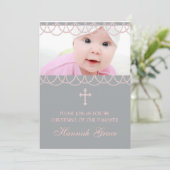 ピンクグレーパールクロスベビーガールフォト《キリスト教》洗礼式や命名式 招待状 (スタンド正面)