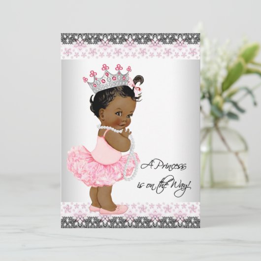 ピンクグレーパールレースエスニックベビーガールシャワー 招待状 (スタンド正面)