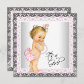 ピンクグレーパールヴィンテージベビーガールシャワー 招待状 (正面/裏面)