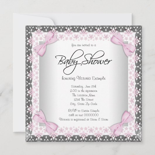 ピンクグレーパールヴィンテージベビーガールシャワー 招待状 (裏面)