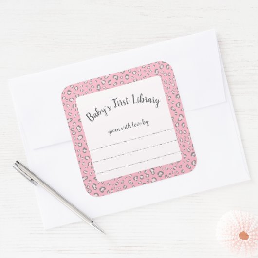 ピンクグレーヒョウのフレーム2蔵書票 スクエアシール (封筒)
